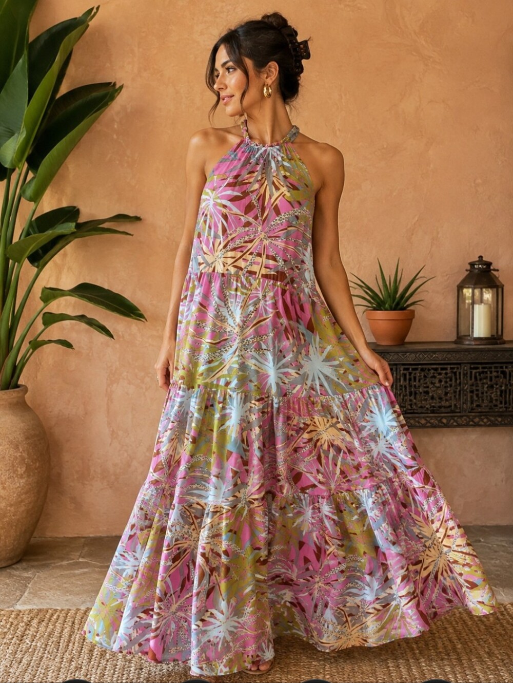 Sleeveless Pink & Yellow Tropical Floral Tiered Maxi Dress Boho Sz Halter XL